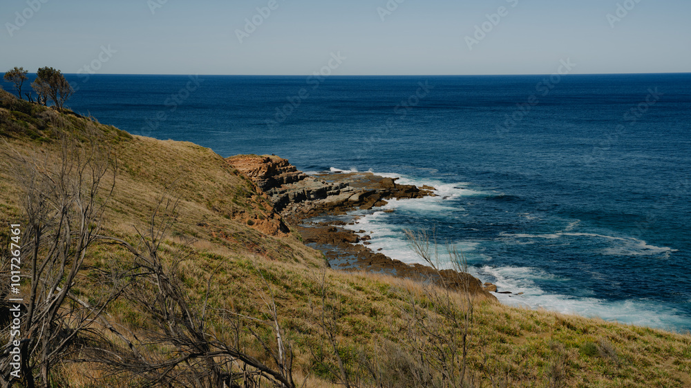Lilyvale. Coastal View from Palm Jungle Loop Track, Royal National Park. Rugged Cliffs and Blue Ocean Waves Meeting the Rocky Shore. Burnings Palms Area, New South Wales, Australia Lilyvale. Coastal View from Palm Jungle Loop Track, Royal National Park. Rugged Cliffs and Blue Ocean Waves Meeting the Rocky Shore. Burnings Palms Area, New South Wales, Australia