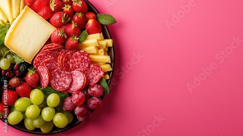 Colorful platter featuring assorted fruits, cheese, and meats on vibrant background. photo