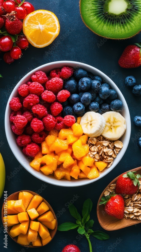 Colorful fruit bowl with berries, banana, mango, and granola on a dark background. Colorful fruit bowl with berries, banana, mango, and granola on a dark background.