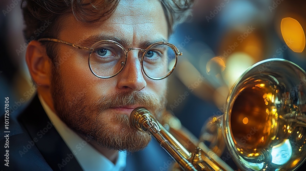 Obraz premium Close-Up Portrait of a Trombone Player Performing on Stage