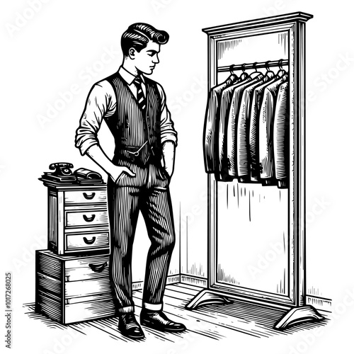 Man trying on suits in a vintage tailor shop, generative ai.
