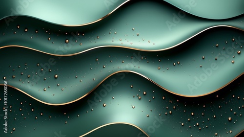 Abstract wavy pattern in teal with golden accents and water droplets. photo