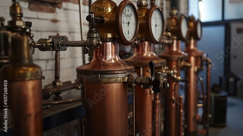 Vintage Copper Pipes and Gauges in an Industrial Setting