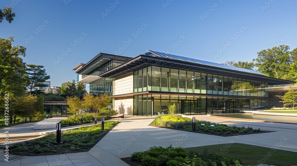 Modern Building with Solar Panels on Roof Modern Building with Solar Panels on Roof