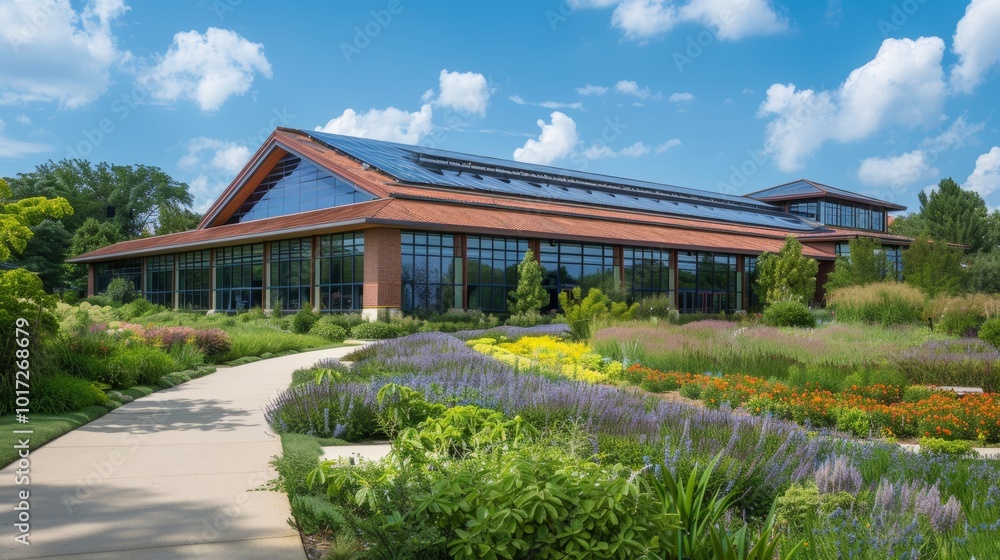 Solar-Powered Building Surrounded by Lush Garden Landscape Solar-Powered Building Surrounded by Lush Garden Landscape