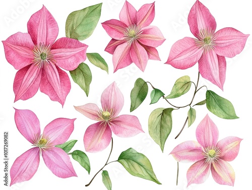  Set of clematis flowers watercolor clipart isolated on white background 