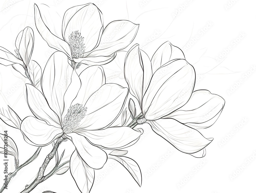 Magnolia flowers drawing with line-art on white backgrounds. Magnolia flowers drawing with line-art on white backgrounds.