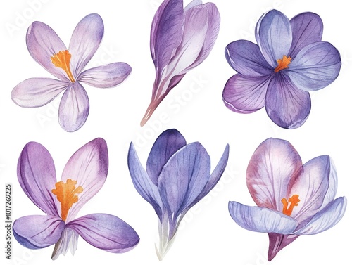 Set of crocus flowers watercolor clipart isolated on white background 