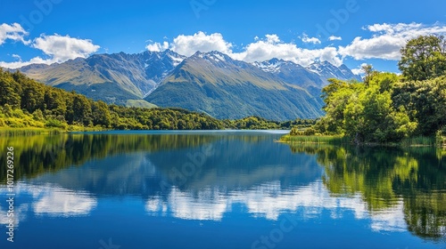 A peaceful mountain and lake scene with lush greenery, bright blue skies, and calm water reflecting the surrounding nature, perfect for travel
