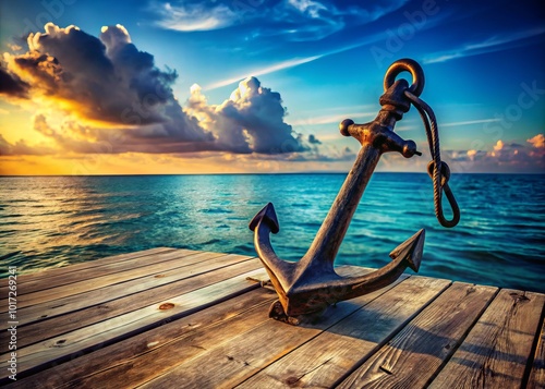 Rustic ship anchor resting on weathered wooden dock against a serene blue ocean background photo