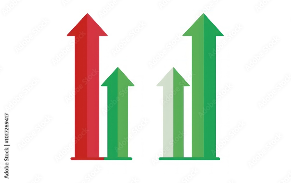 Red and green upward arrows on white background. Economic and stock market growth concept. Red and green upward arrows on white background. Economic and stock market growth concept.