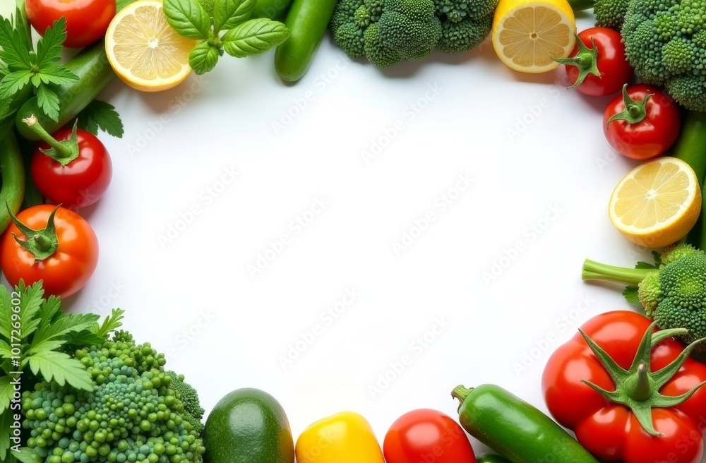 Fresh vegetables and fruits arranged in a colorful circular pattern on a white background, perfect for healthy cooking inspiration Fresh vegetables and fruits arranged in a colorful circular pattern on a white background, perfect for healthy cooking inspiration