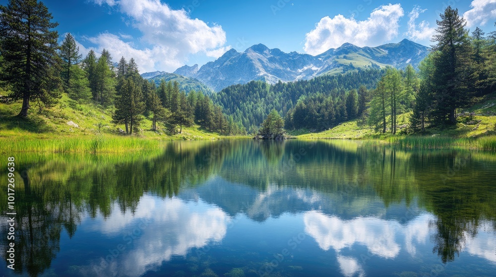 A scenic view of a mountain landscape with a calm reflective lake, green trees, and a vibrant blue sky, ideal for travel and nature photography A scenic view of a mountain landscape with a calm reflective lake, green trees, and a vibrant blue sky, ideal for travel and nature photography