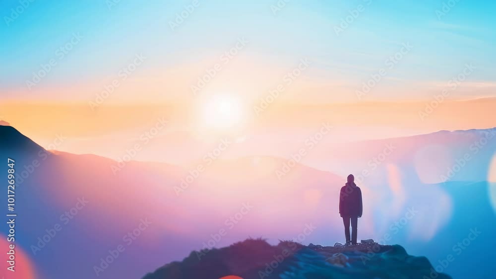 A businessman stands on top of a mountain peak at sunrise, showcasing determination and success A businessman stands on top of a mountain peak at sunrise, showcasing determination and success