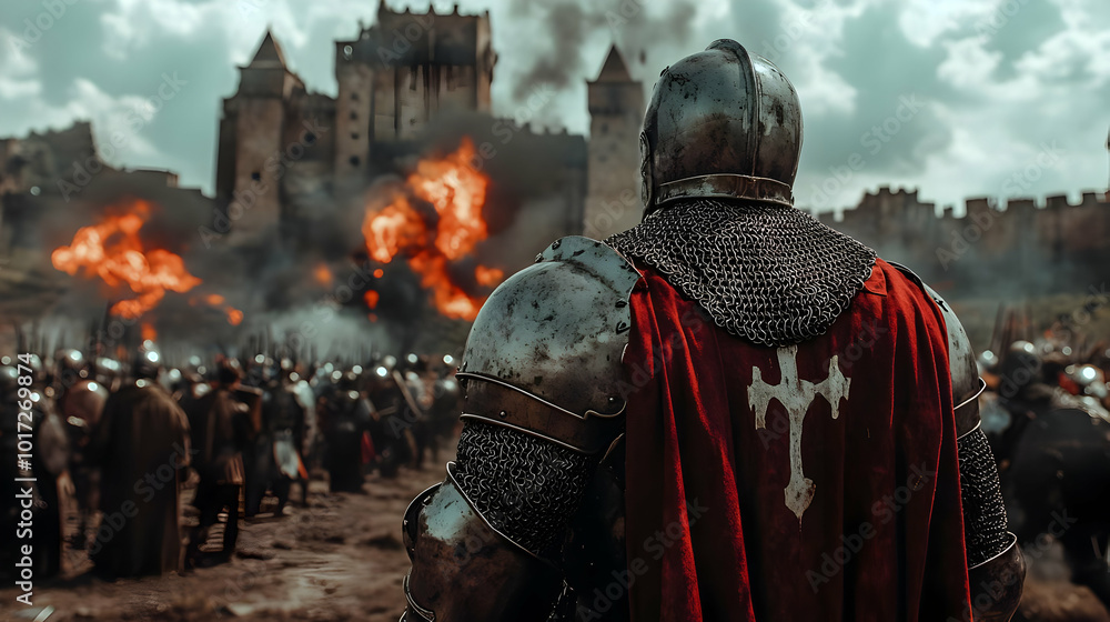 A knight in armor surveys a battlefield with flames and a castle. A knight in armor surveys a battlefield with flames and a castle.