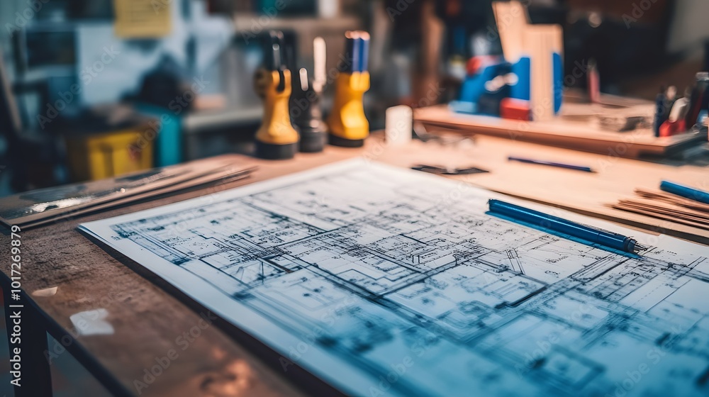 21. A detailed shot of construction plans spread out on a table, with rulers and pens nearby 21. A detailed shot of construction plans spread out on a table, with rulers and pens nearby