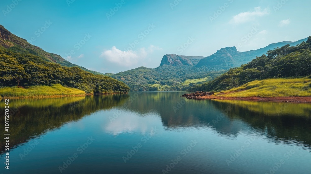 A stunning mountain view with a calm lake, lush greenery, and clear skies, reflecting the beauty of nature, ideal for outdoor and travel photos A stunning mountain view with a calm lake, lush greenery, and clear skies, reflecting the beauty of nature, ideal for outdoor and travel photos