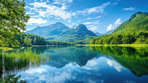 A tranquil mountain and lake view with lush greenery, clear skies, and the still waters reflecting the beauty of nature, perfect for travel themes