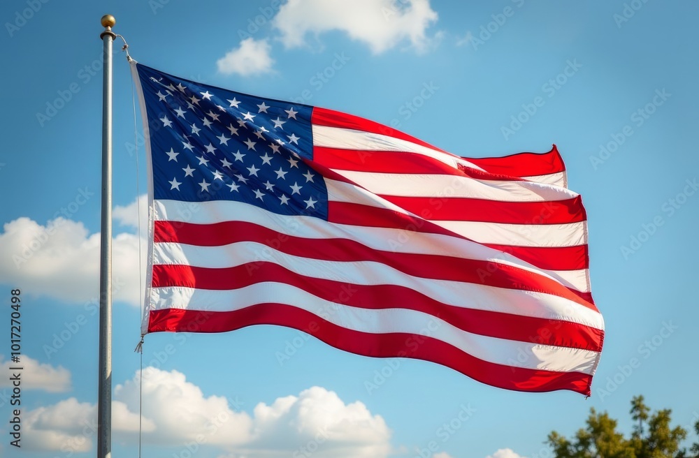 American flag waving against a clear sky with clouds in the background during the day in a serene outdoor setting American flag waving against a clear sky with clouds in the background during the day in a serene outdoor setting
