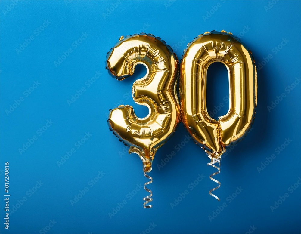 Banner with number 30 golden balloon, thirty years anniversary celebration concept, blue background Banner with number 30 golden balloon, thirty years anniversary celebration concept, blue background