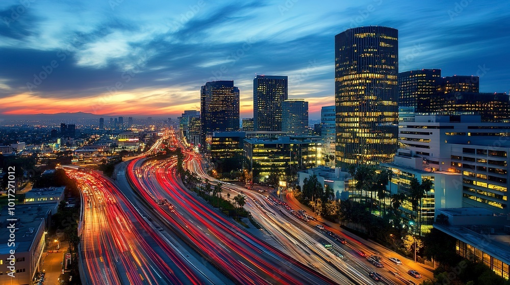 Fototapeta premium Aerial view of office buildings and traffic in downtown at night 