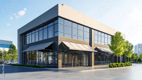 modern mixeduse retail and office building with sleek awning offering prime commercial space for lease or purchase 3d illustration 