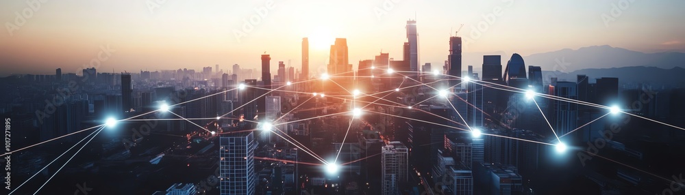 Abstract digital connections overlay city skyline at sunrise, signifying modern technology in urban environments. Abstract digital connections overlay city skyline at sunrise, signifying modern technology in urban environments.