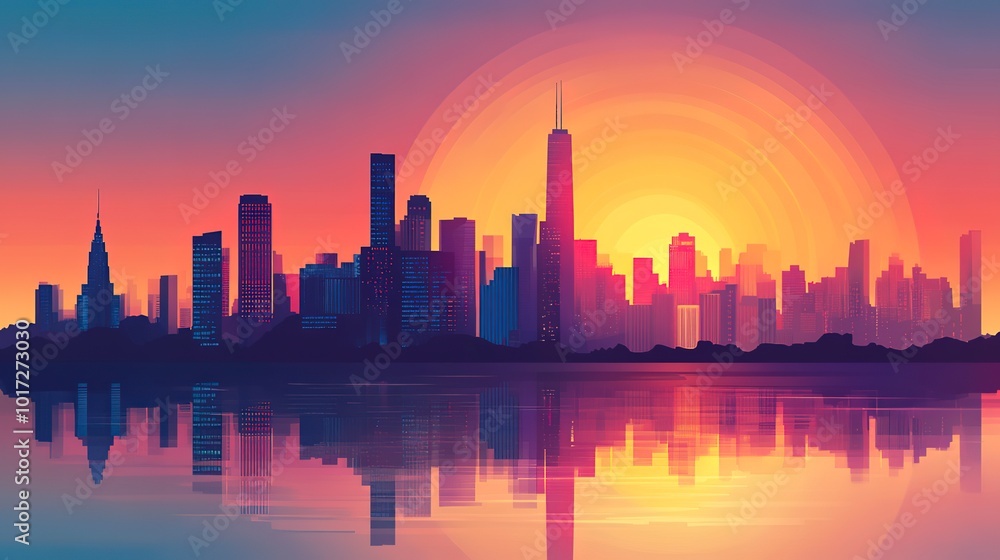 Fototapeta premium Abstract geometric cityscape at sunset, flat minimalistic isolated illustration 