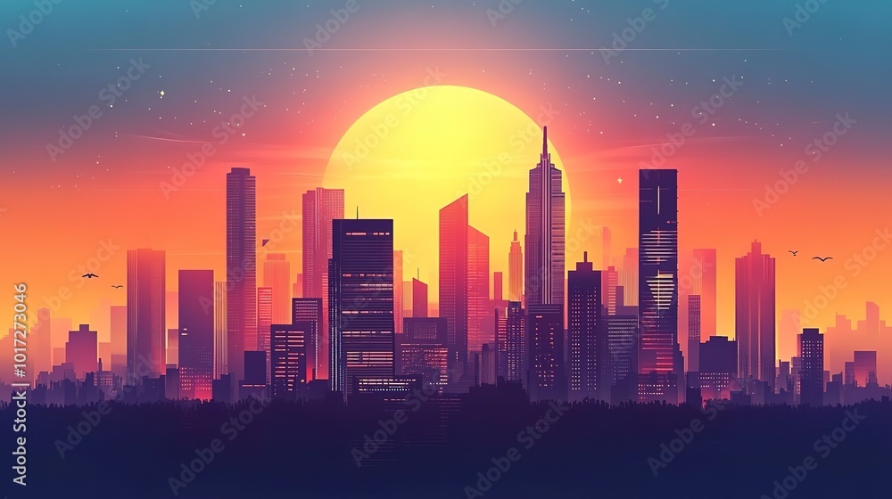 Abstract geometric cityscape at sunset, flat minimalistic isolated illustration Abstract geometric cityscape at sunset, flat minimalistic isolated illustration