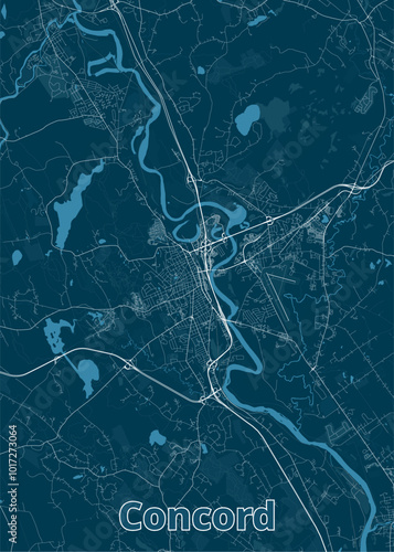 A detailed map of Concord, featuring a network of roads, streets, and waterways. The map is rendered in a minimalist style with white lines on a dark blue background. The city's layout is clearly visi