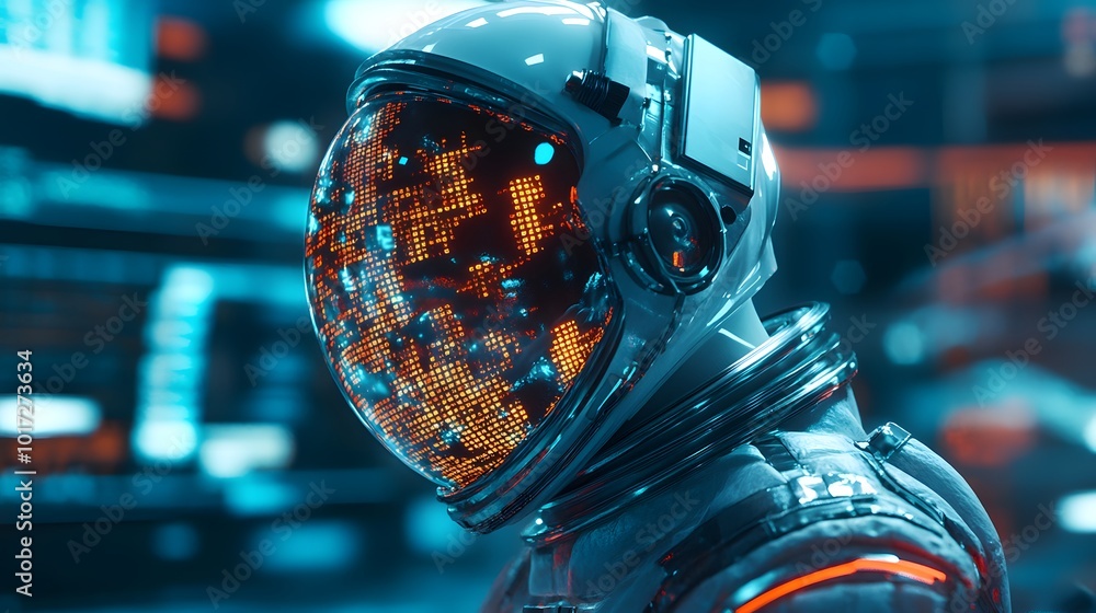 A futuristic spaceman reading programming code with it being reflected over his space helmet. Future concept. 3D illustration. A futuristic spaceman reading programming code with it being reflected over his space helmet. Future concept. 3D illustration.