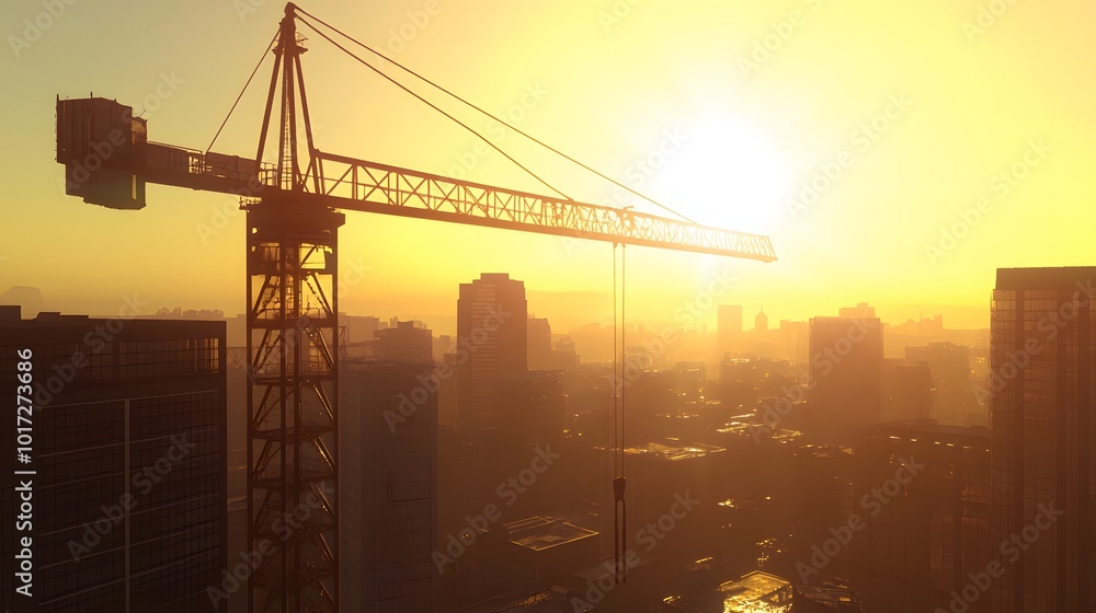 9. A sunset view of a construction crane towering over a city skyline, casting long shadows 9. A sunset view of a construction crane towering over a city skyline, casting long shadows