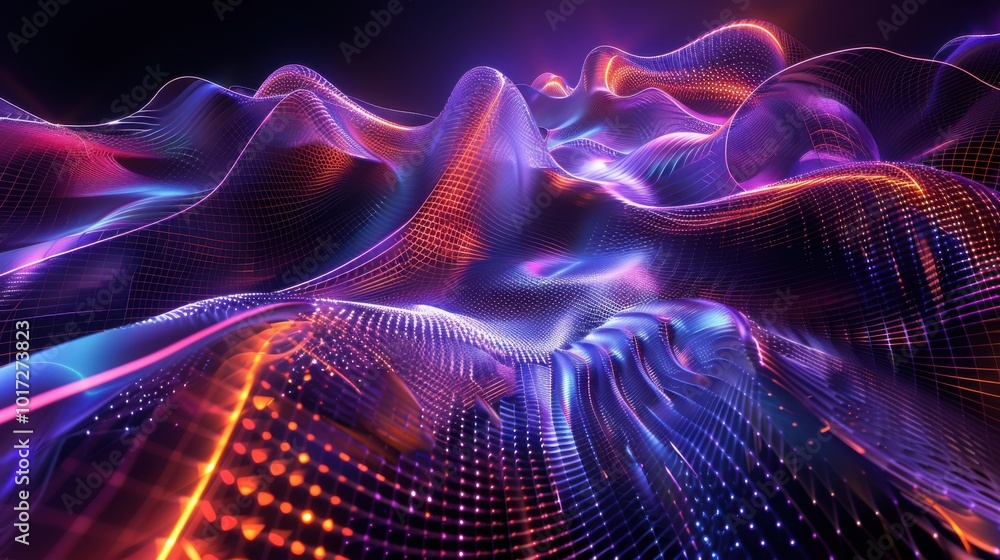 Fototapeta premium Abstract Wavy Pattern with Neon Lights and Grid