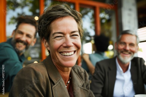 Mature businesswoman smiling in a restaurant with colleagues in the background