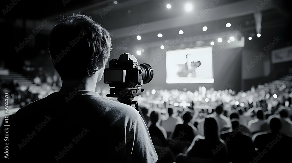 A photographer captures an event in a crowded auditorium. A photographer captures an event in a crowded auditorium.