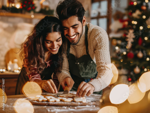 Young latin couple baking cookies for Christmas holidays 