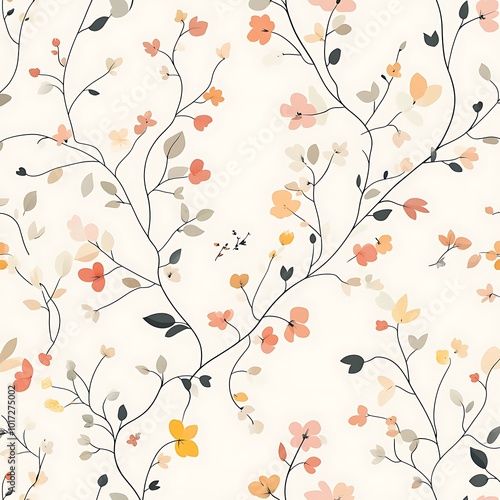 A delicate floral pattern featuring various blossoms and leaves on a light background.