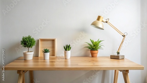 A clean and minimalist wooden desk with a small potted plant, a simple lamp, and a few essential office supplies in a calm, natural setting. photo