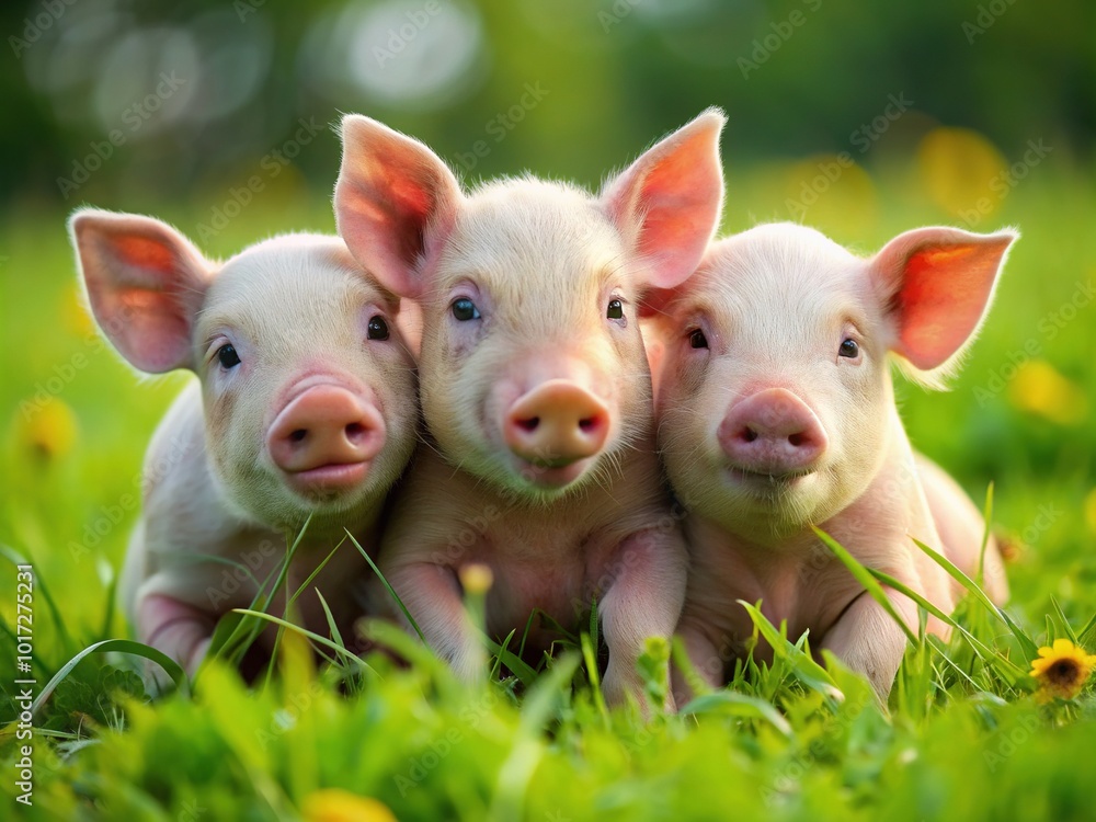 Adorable trio of piglets snuggle together in a verdant meadow, their tiny hooves and curly tails adding to their irresistible charm and innocence. Adorable trio of piglets snuggle together in a verdant meadow, their tiny hooves and curly tails adding to their irresistible charm and innocence.