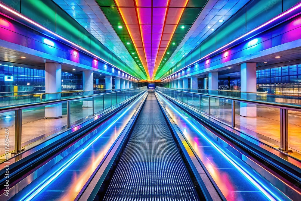 An expansive, empty airport moving walkway bathed in bright lighting reveals a stunning interplay of modern architecture, offering a soothing ambiance for travelers in transit. An expansive, empty airport moving walkway bathed in bright lighting reveals a stunning interplay of modern architecture, offering a soothing ambiance for travelers in transit.