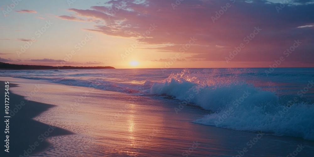 Obraz premium Waves gently crashing onto a beach at sunset, vibrant colors in the sky
