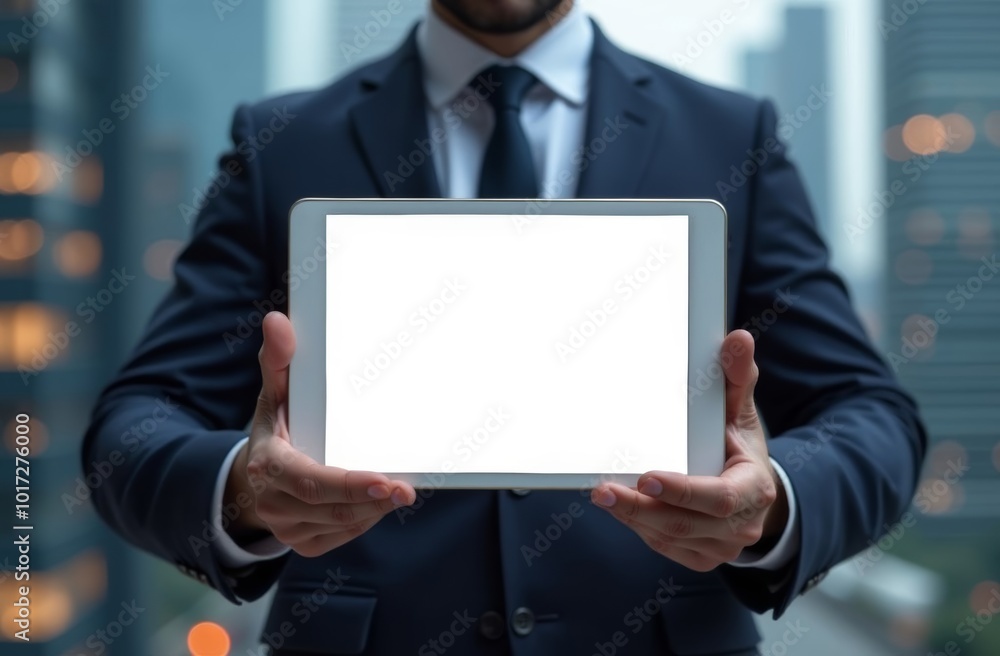 Businessman in a suit holds a blank tablet outdoors against a blurred city skyline during twilight Businessman in a suit holds a blank tablet outdoors against a blurred city skyline during twilight