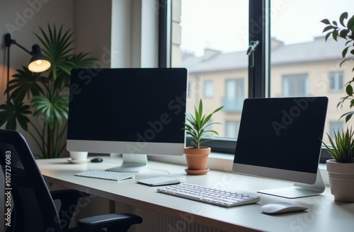 Wallpaper Mural A modern workspace featuring a desktop and laptop computer beside green plants near a large window with natural light in a cozy interior Torontodigital.ca