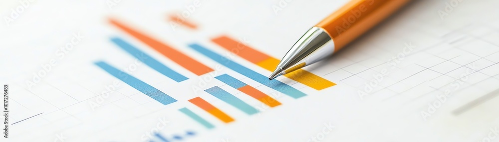 Close-up of a business pen pointing at a colorful bar chart on a financial report, illustrating data analysis and market trends. Close-up of a business pen pointing at a colorful bar chart on a financial report, illustrating data analysis and market trends.