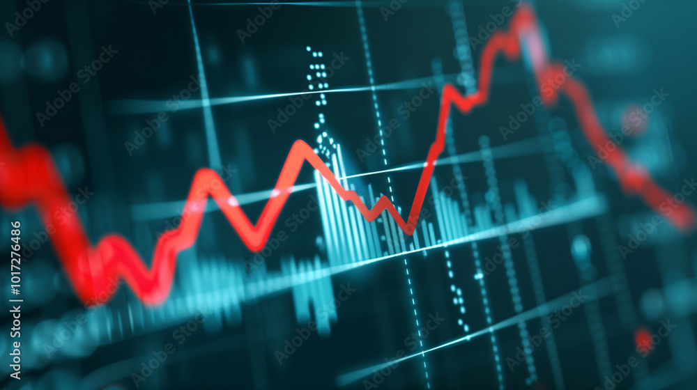 Close-up of digital screen showing downward-trending line graph, symbolizing rate cut in financial markets, economic adjustment concept Close-up of digital screen showing downward-trending line graph, symbolizing rate cut in financial markets, economic adjustment concept