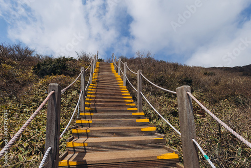 Hallasan National Park, Jeju island, South Korea, spring view of Yeongsil trail with wooden ladder path stairs, trekking and climbing, stairway to Halla mountain, hiking in Korea, Jeju-do, sunny day photo