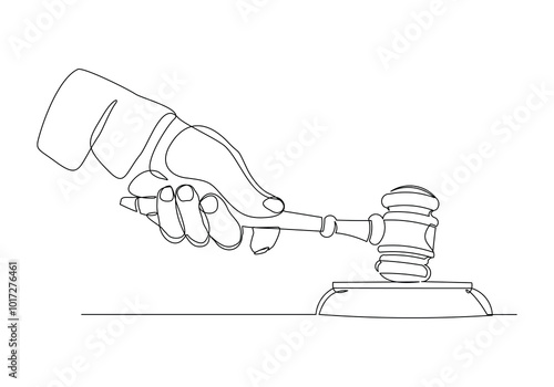 Continuous single line sketch drawing of hand holding and knock hit gavel judge law wooden hammer court justice lawyer one line vector illustration