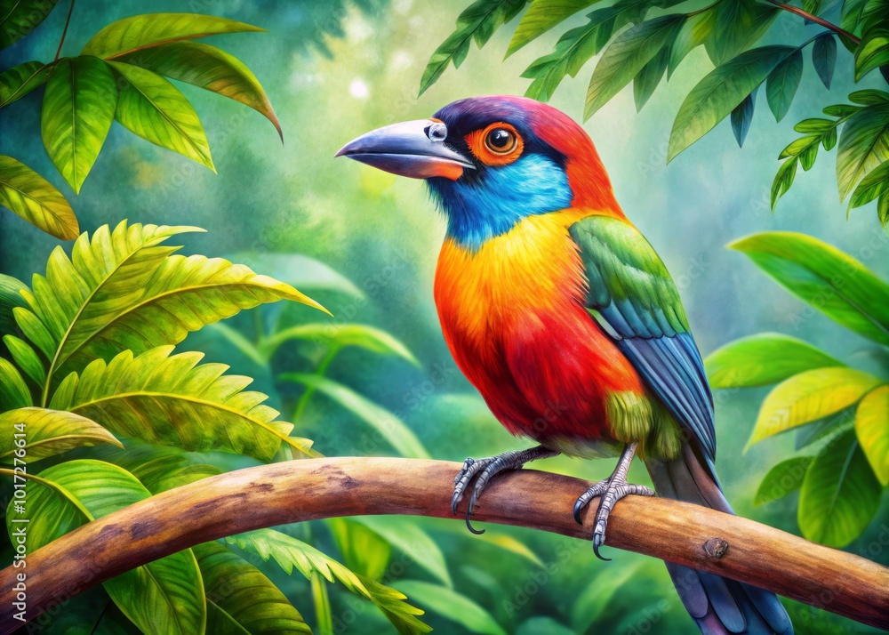 Obraz premium The striking El Torogoz bird perches gracefully on a branch, enveloped by rich, verdant foliage in a tropical