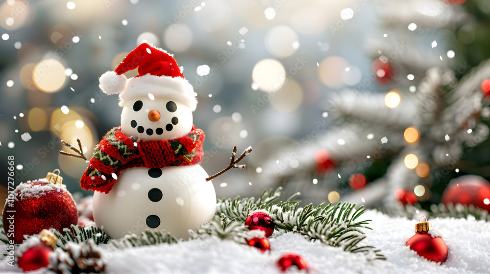 Merry christmas and happy new year greeting card with copy-space.Happy snowman standing in christmas landscape.Snow background.Winter fairytale Merry christmas and happy new year greeting card with copy-space.Happy snowman standing in christmas landscape.Snow background.Winter fairytale
