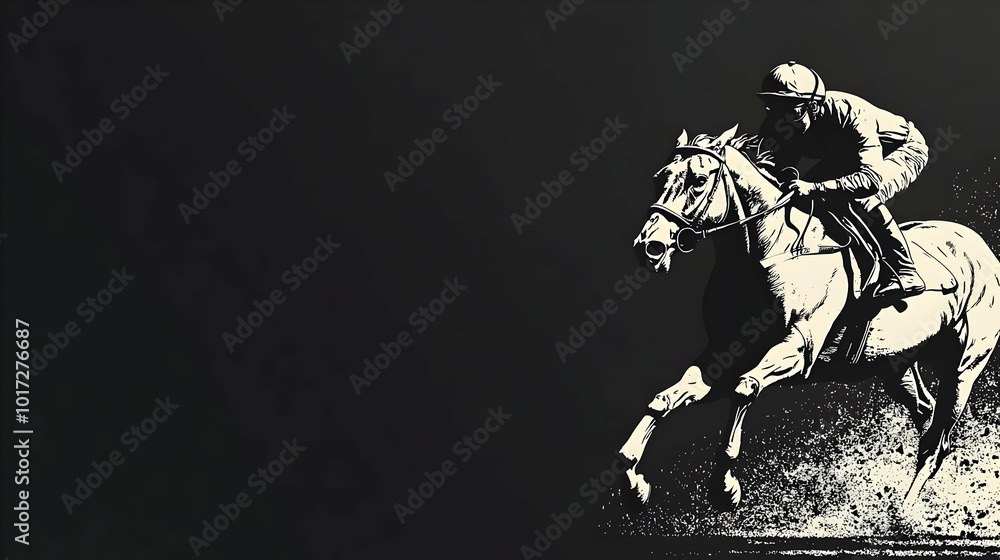A racing jockey on a galloping horse in a dynamic black-and-white style. A racing jockey on a galloping horse in a dynamic black-and-white style.